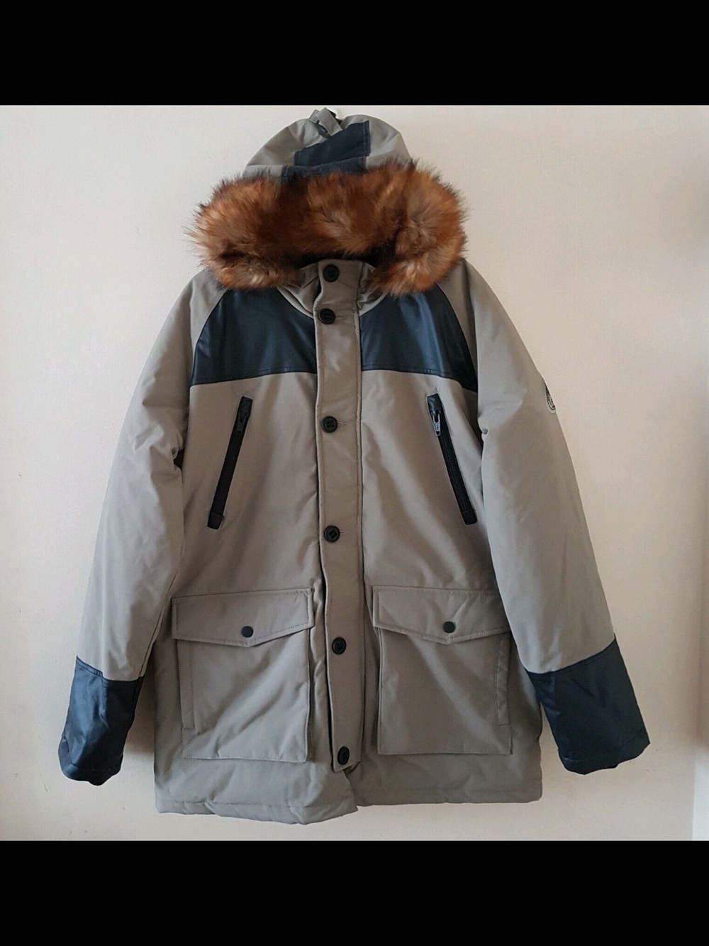 Topman Two-Tone Grey Parka with Brown Fur Trim